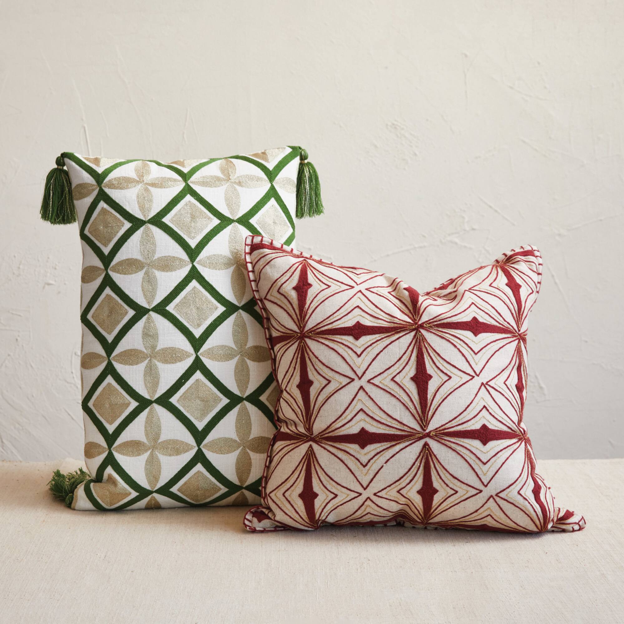 Hello Honey® 22" Natural & Green Cotton Embroidered Lumbar Pillow